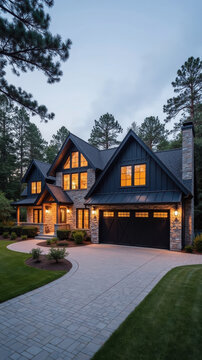 Beautiful modern house with dark exterior, large windows glowing warmly, surrounded by trees and well maintained lawn, exuding comfort