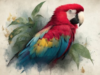 Watercolor Macaw Parrot with Gold Leaf Accents and Tropical Foliage, Textured Paper Background, Vibrant Color Grading for Greeting Cards, Wall Decor, and Jungle-Themed Designs
