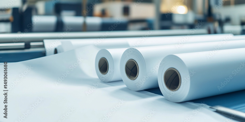 Poster white masking paper rolls stacked in a printing studio generative ai