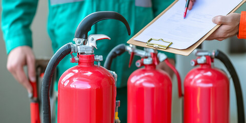 Engineer inspects fire safety equipment in industrial setting Generative AI