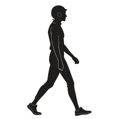 Silhouette of a Person Walking with a Helmet and Sneakers, Side View