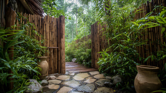 Serene tropical garden path with bamboo fence and lush greenery creating a tranquil escape - Powered by Adobe