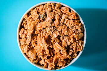 Bowl of Tinned Alaskan Red Salmon High In Omega 3 and Protein