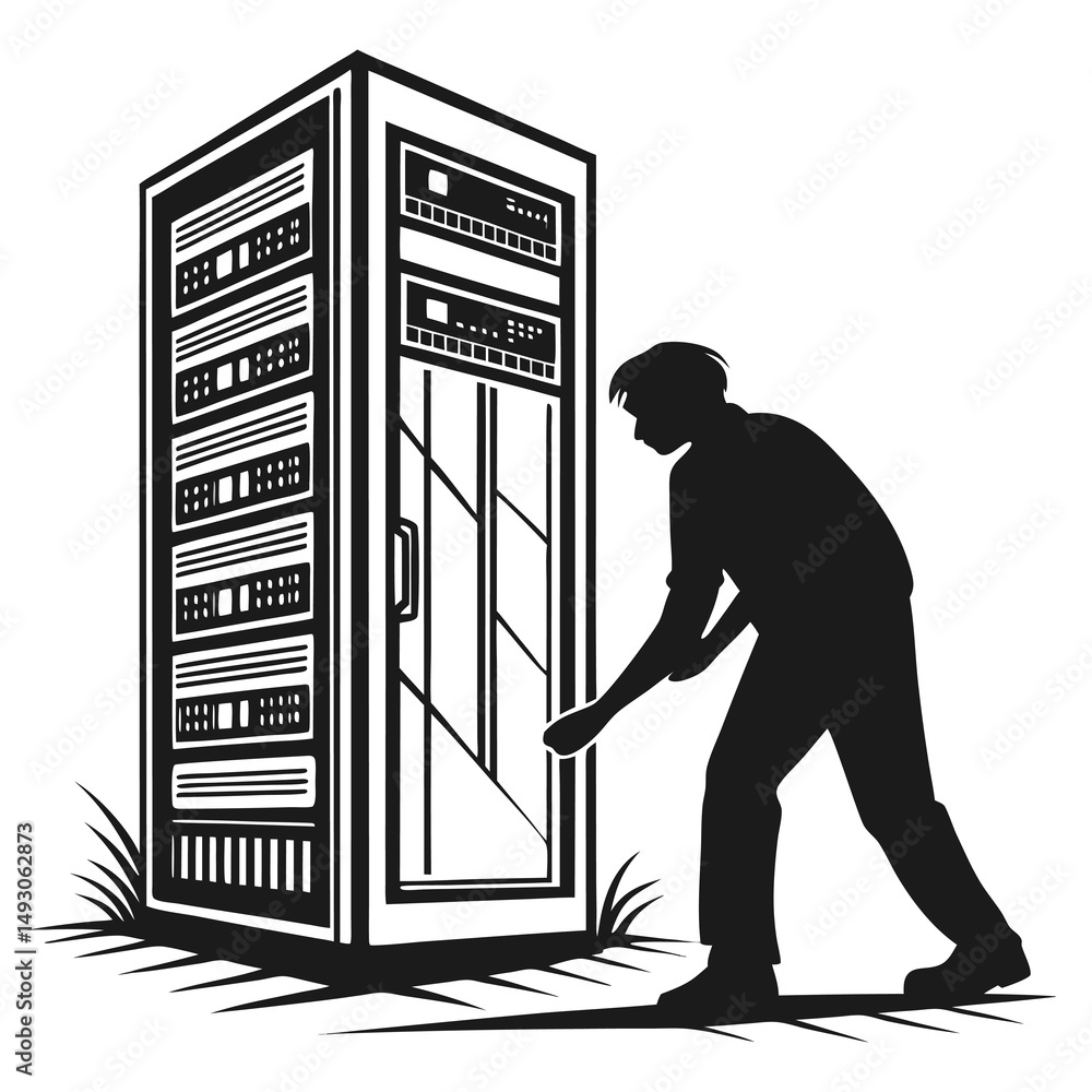 Poster silhouette of a technician working on a server rack in a data center