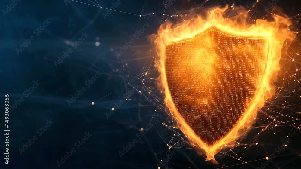 Poster a glowing fiery shield surrounded by an aura of protection, actively neutralizing incoming data atta