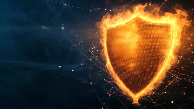 A glowing fiery shield surrounded by an aura of protection, actively neutralizing incoming data attacks and phishing attempts in the cyber realm.