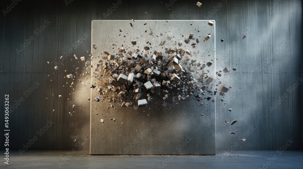 Poster a high-impact image of a concrete wall exploding outward, debris flying in a dramatic burst of energ