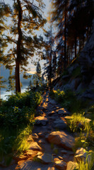 a dreamy forest path illuminated by golden sunset, warm tones, oil painting texture, soft painterly style