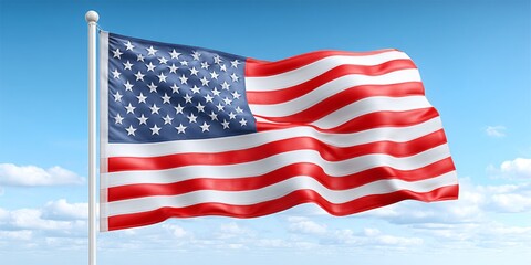 Fototapeta premium A waving red white and blue American flag in front of a blue sky