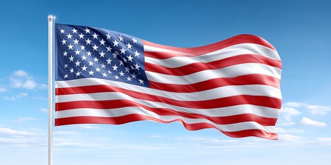 Obraz premium A waving red white and blue American flag in front of a blue sky