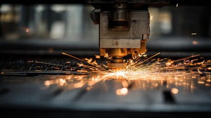 A stunning image of industrial laser cutting machine in action with sparks flying in a factory.