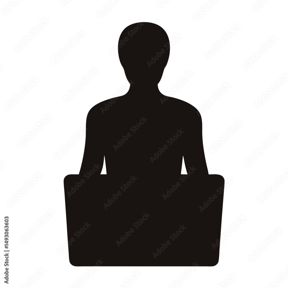 Poster silhouette of person using a laptop computer with simple black shape