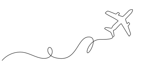Single one line drawing airplane. vehicle concept. Continuous line draw design graphic vector illustration, Travel plane, airplane continuous line outline vector art illustration. Airplane flight trip