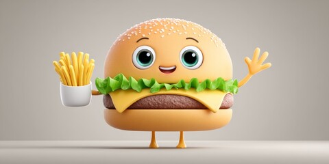 a 2d cartoon of a smiling burger character with arms and fries for legs on white background