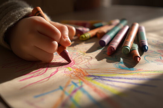 Child's hands drawing colorful crayon art photography of creative play