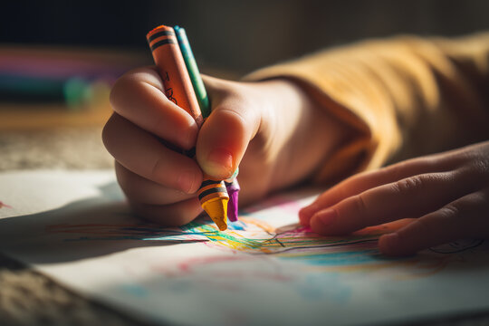 Child's hands drawing colorful picture with crayons photography of art