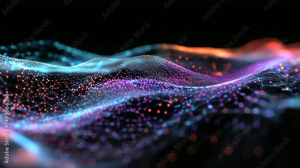 Poster a high-speed digital network visualized through glowing nanofiber cables, their vibrant colors signi