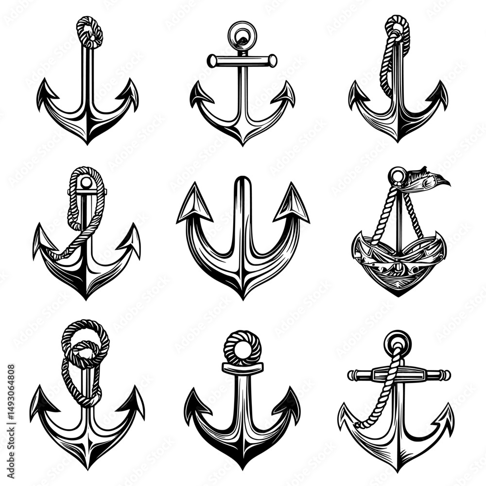 Poster the modern illustration showcases a set of anchors created with simple line design