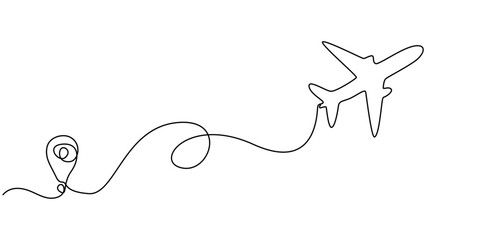 Airplane travelling continuous one line draw with map pin location, Continuous line drawing of aircraft flight routes and airport destinations. airplane line path icon of airplane flight route.
