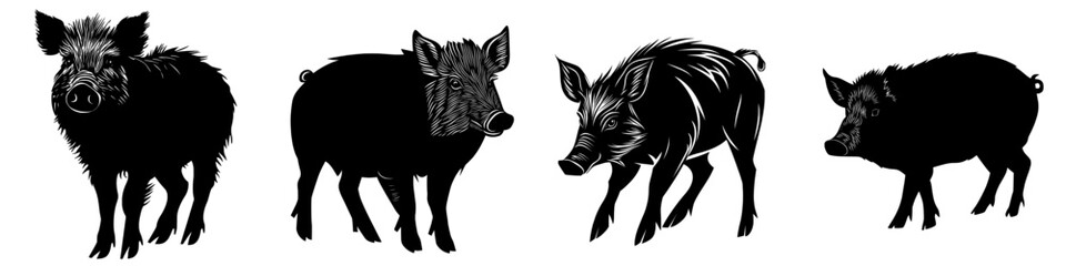 A contemporary black outline of a wild boar set against a white backdrop