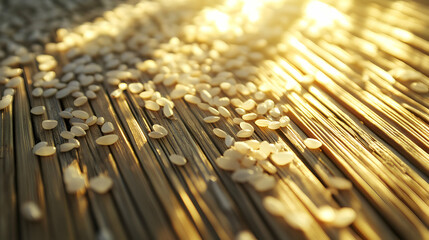 Close-up View of White Seeds on Wooden Surface in Soft Light