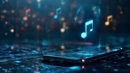 Smartphone with Floating Music Notes in Digital Environment