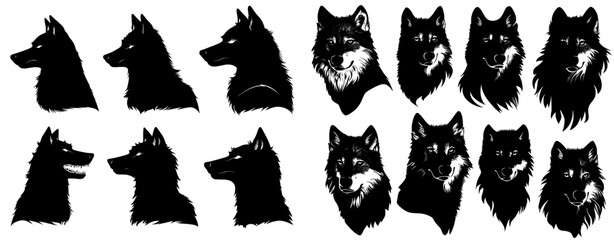 Modern illustrations of wolf silhouettes are set on a background that is white