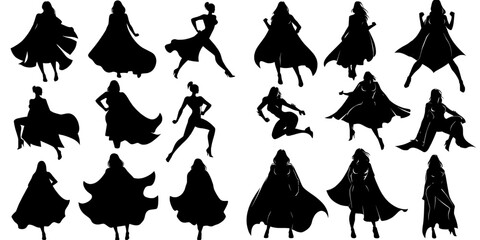Modern EPS 10 file featuring a range of action poses by female superhero silhouettes