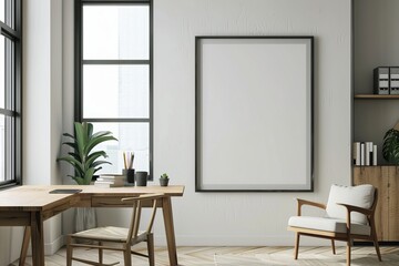 Modern Minimalist Workspace with Blank Wall Frame and Green Plant