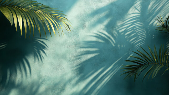 Abstract background of palm shadows on a neo-mint wall, perfect for tropical aesthetic or wallpaper themes