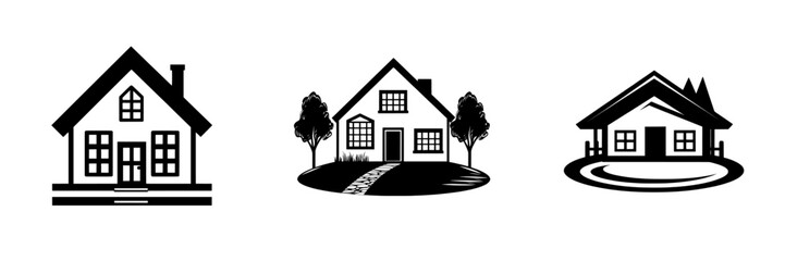 A black, minimalist house icon is isolated on a white background, featuring a simple silhouette, ideal for modern web site page and mobile app design elements