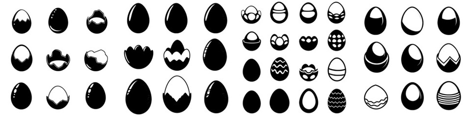 A modern illustration featuring egg icons in outline and silhouette styles is available