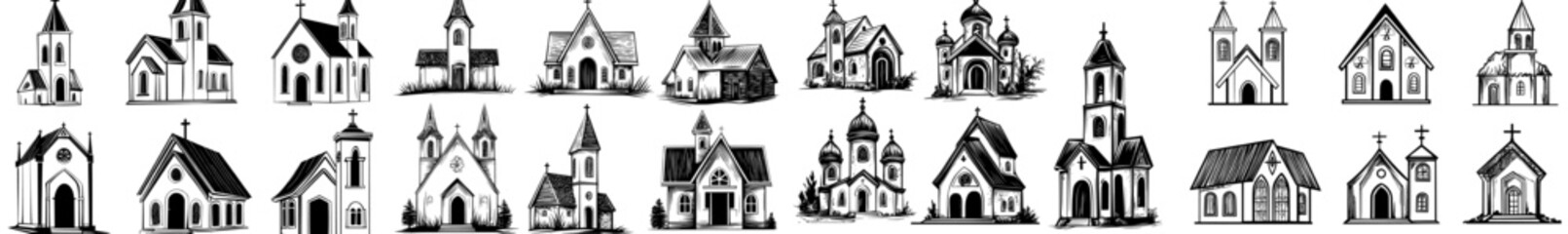 Collection of vintage rural churches, depicted in a contemporary hand-drawn illustration