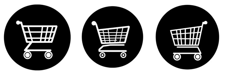 The shopping cart circle icon is characterized by its black color, round shape, and minimalist style, set against a white background, making it suitable for modern website and app designs © Andrei