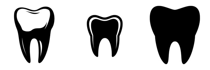 The tooth icon is depicted in a minimalist black style, isolated on white, with a simple silhouette suitable for modern design in web site pages and mobile apps