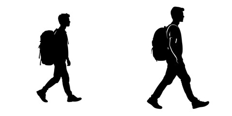 The silhouette of a modern man walking with a backpack isolated on his back is visible