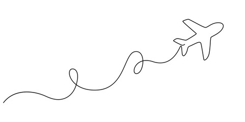 Airplane travelling continuous one line draw with map pin location, Continuous line drawing of aircraft flight routes and airport destinations. airplane line path icon of airplane flight route.