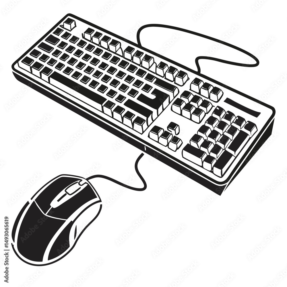 Poster stylized black and white illustration of a computer keyboard and mouse