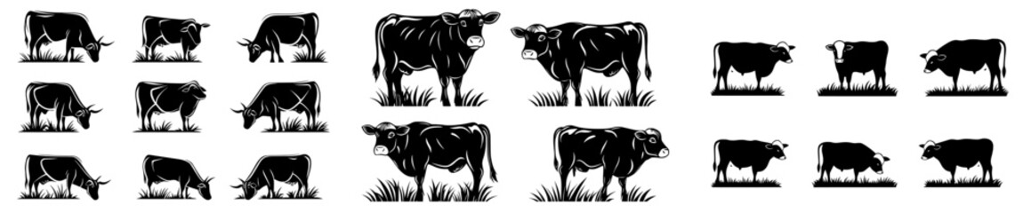 A cow is depicted grazing in a meadow with its silhouette visible in a field as it eats grass, suitable for a modern farm store or market logo, or as a design element for milk and dairy products
