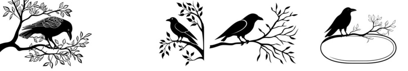 Modern halloween theme design featuring a long twisted tree branch and a black raven bird silhouette