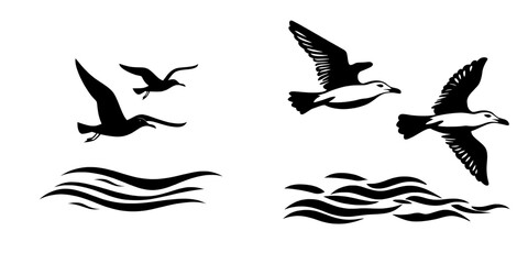 Icon set of a seagull in monochrome black and white, hand drawn in a brush style, depicting a flying seabird and marine symbol, isolated as a nautical animal emblem, for use as an element in banner