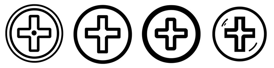 Fototapeta premium A solitary medical cross symbol is set against a white backdrop, while a flat black medical cross icon is suitable for numerous applications