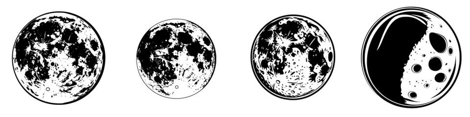 A full moon is depicted in antique style hand drawn line art and dot work, isolated and perfect for boho chic tattoo or print designs as a modern illustration © Andrei