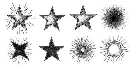 Black starburst stamps on a white background are complemented by an assortment of badges and labels in different shapes, creating a modern illustration