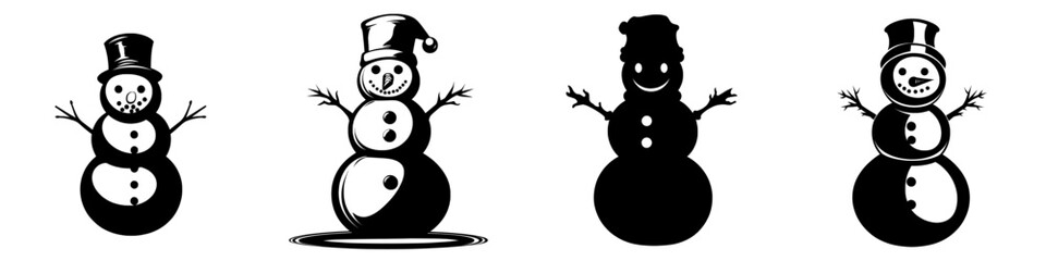 A silhouette of a snowman wearing a top hat, depicted in black and white