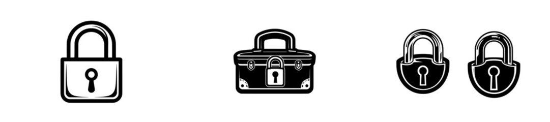 A black icon depicting locked and unlocked locks is set against a white background, accompanied by silhouettes of locked and unlocked padlocks in a flat design style