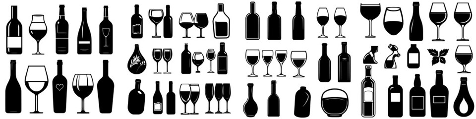 A collection of wine glasses and bottles is represented through icons, featuring modern black silhouettes