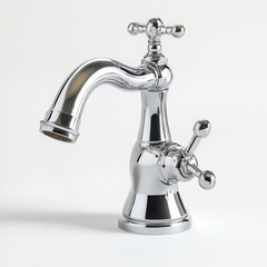 Shiny chrome faucet fixture displayed on a white background