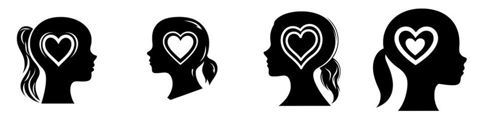 A white background features a black isolated icon depicting a man's head and a heart, symbolizing love and thought in a flat design style