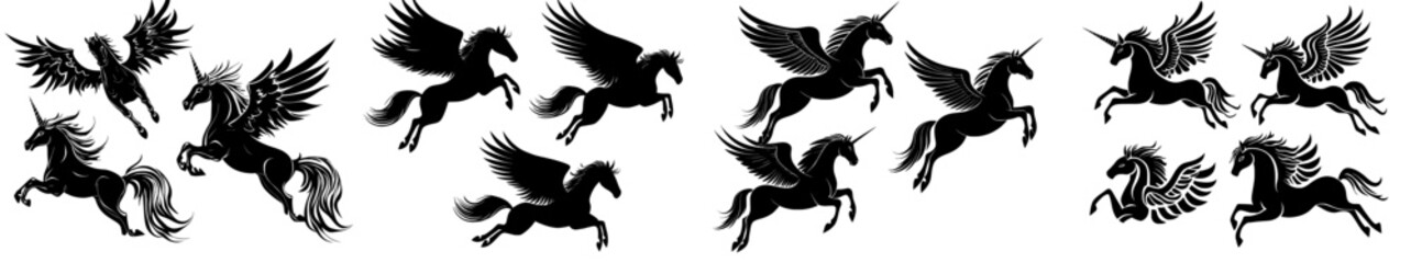 Mythology and fantasy tales are represented by the silhouette of a Pegasus Unicorn in a modern illustration